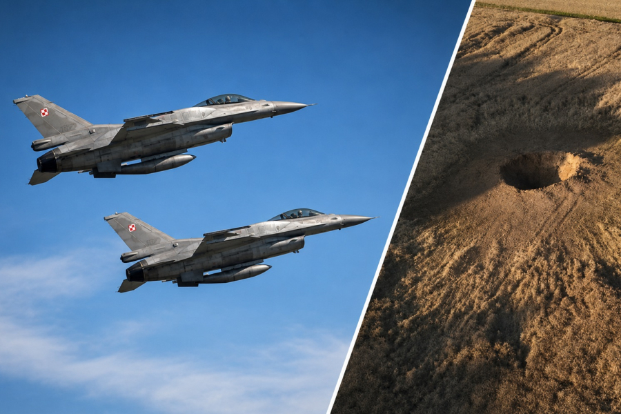 Myśliwce F-16 i miejsce upadku rosyjskiej rakiety w Tarnawie-Kolonii | fot. gov.pl, KW PSP Lublin