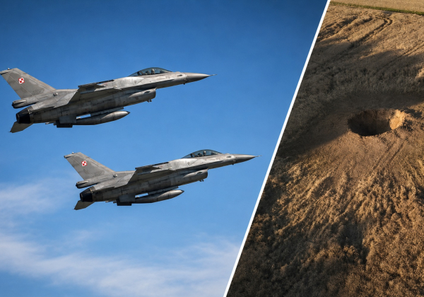 Myśliwce F-16 i miejsce upadku rosyjskiej rakiety w Tarnawie-Kolonii | fot. gov.pl, KW PSP Lublin